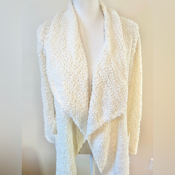 Bobeau Boucle Popcorn Draped Open Front Cream Cardigan Sweater - Picture 2 of 6